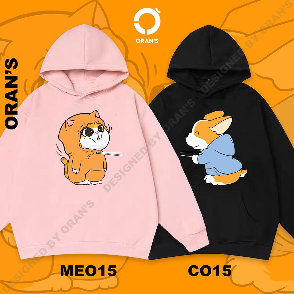 Áo Hoodie đôi in hình chó corgi và mèo 4 màu chất nỉ cotton lót bông cao cấp form rộng unisex - ORAN'S HOODIE COUPLE 15