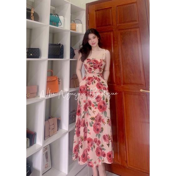 Đầm maxi hai dây hoạ tiết, hoa có túi hai bên chất mango cao cấp