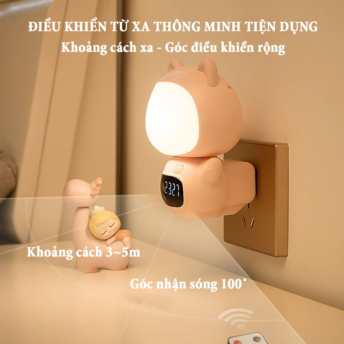 Đồng hồ xem giờ có đèn ngủ hình con thỏ dễ thương ánh sáng 3 màu, tăng giảm điều chỉnh độ sáng 5 cấp độ, pin sạc lithium 300mA