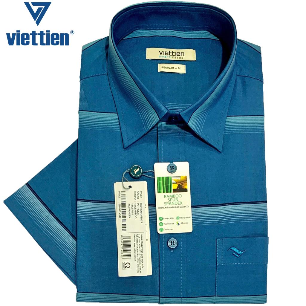 Viettien - Áo sơ mi nam ngắn tay xẻ tà vạt ngang Bamboo spun Regular Sọc ngang Xanh petrol 6S0180 - Petrol, Petrol