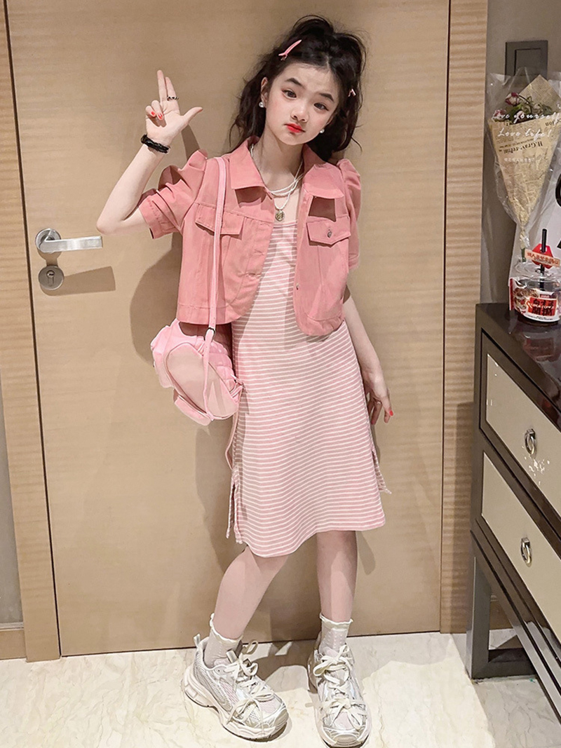 Váy bé gái, Set Váy 2 dây kẻ zip kèm áo khoác sành điệu Habi Fashion HB2312 chất vải mềm mát cho bé 10-30Kg