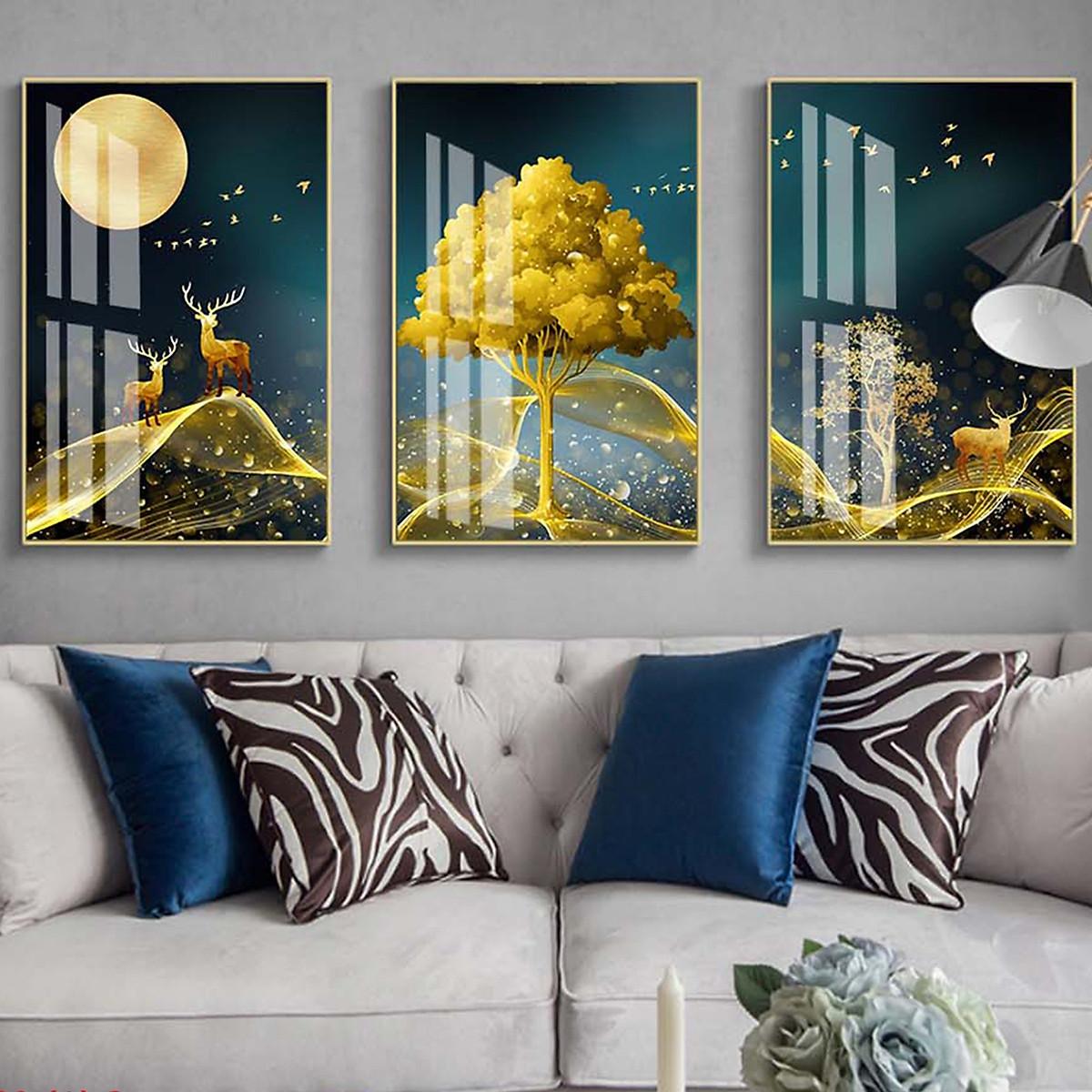 Tranh Tráng Gương Pha Lê Treo Tường Hiện Đại _ Tranh Bộ 3 Hươu Và Phong Cảnh Nghệ Thuật