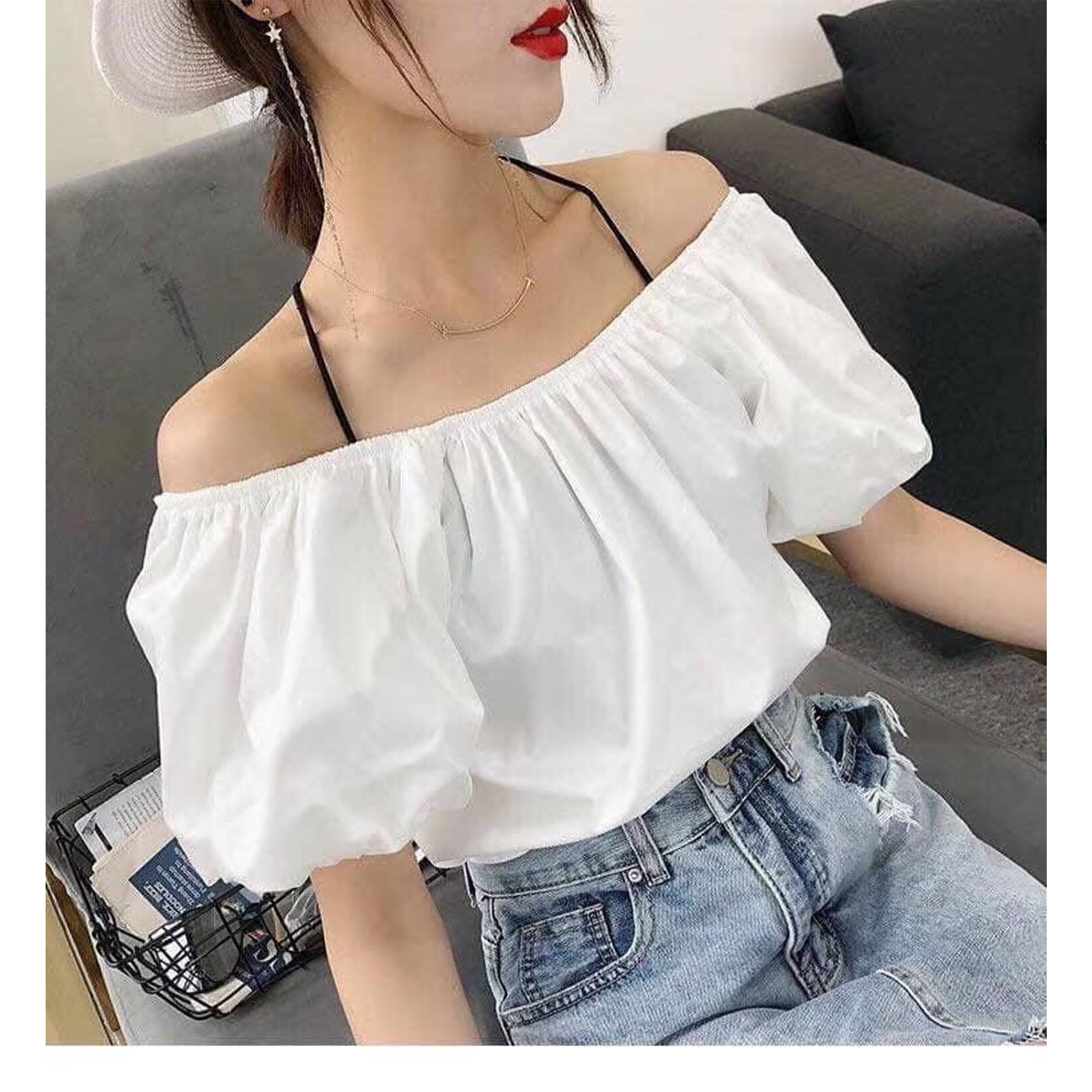 Áo croptop bẹt vai tay con phồng sành điệu