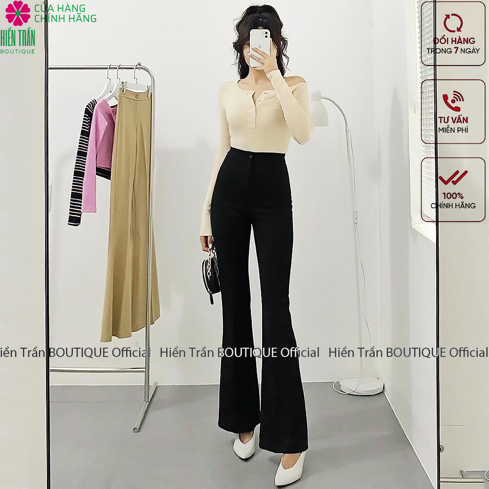 Quần ống rộng Hiền Trần BOUTIQUE lưng cạp cao 1 cúc baggy vải nữ dài suông loe culottes màu đen nâu cafe