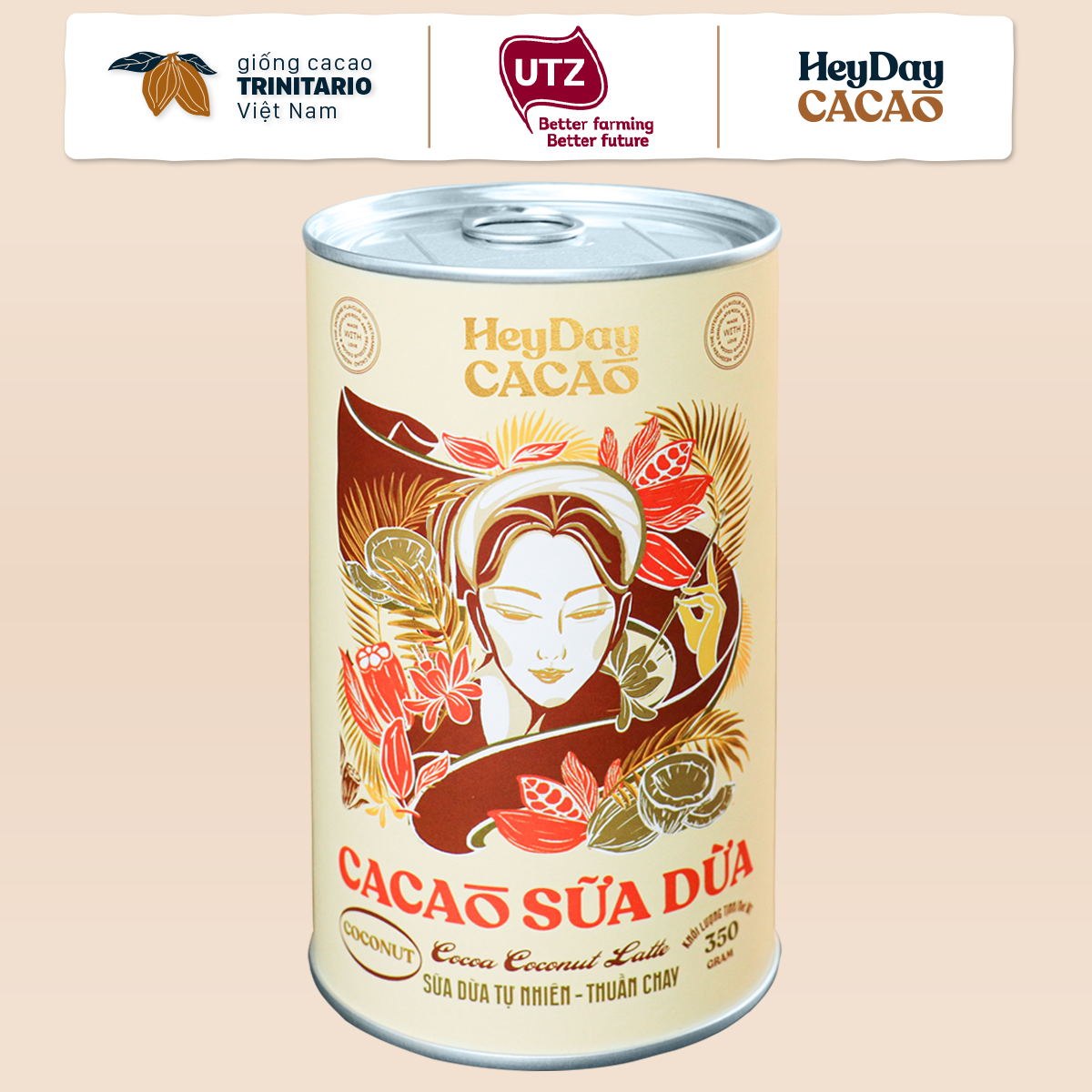 Bột cacao sữa dừa tự nhiên, thuần chay – Lon 350g – Bộ sưu tập sản phẩm cacao &quot;Thật&quot; Heydaycacao