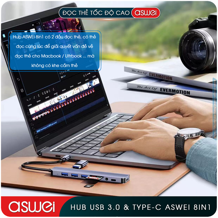 Hub Chuyển Đổi USB Type C ASWEI 8 in 1 To USB 3.0, SD, TF, USB C, Audio 3.5mm - Hàng Chính Hãng