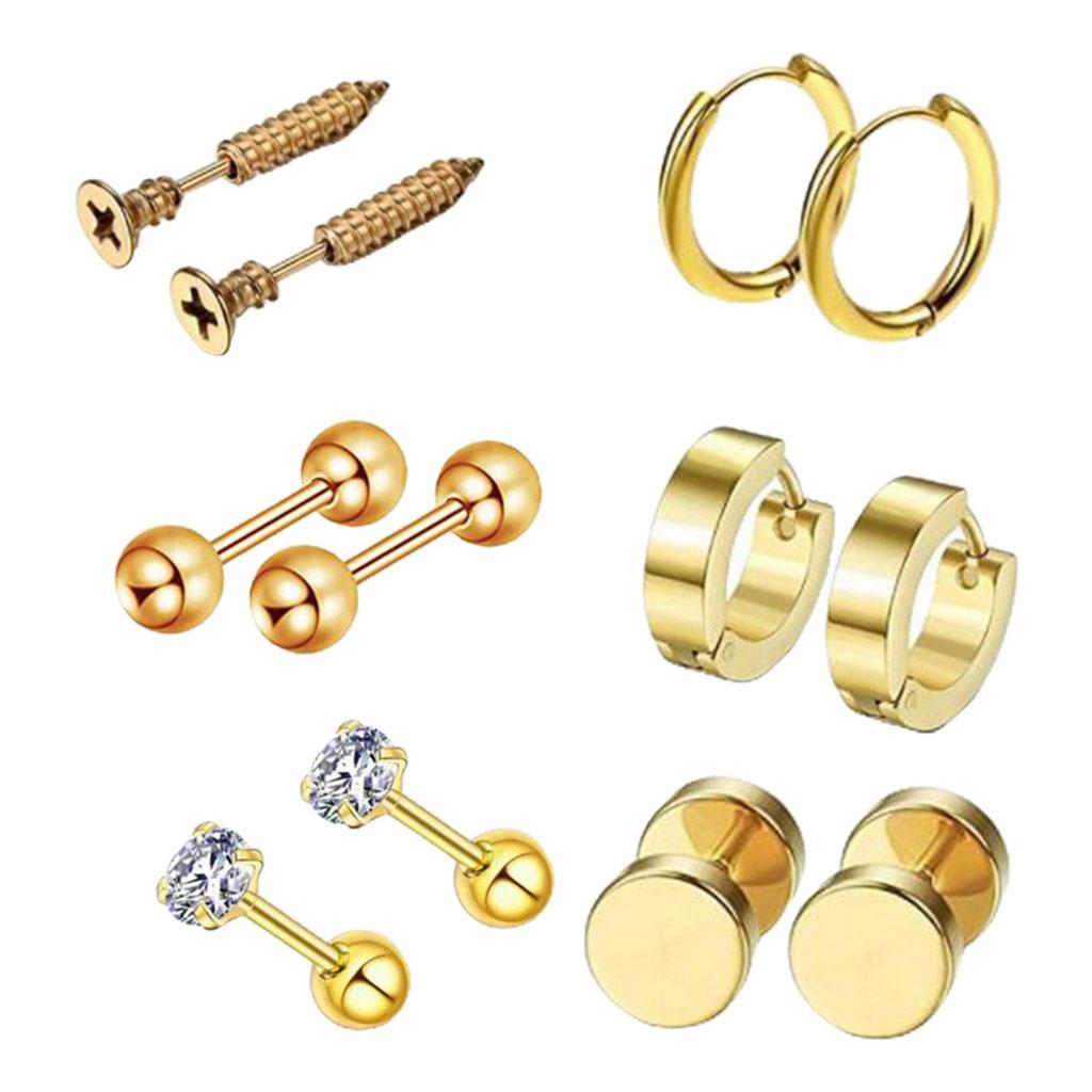 6 Pairs Ear Studs Curve Barbell Stainless Helix Piercing Ear Jewelry Gold