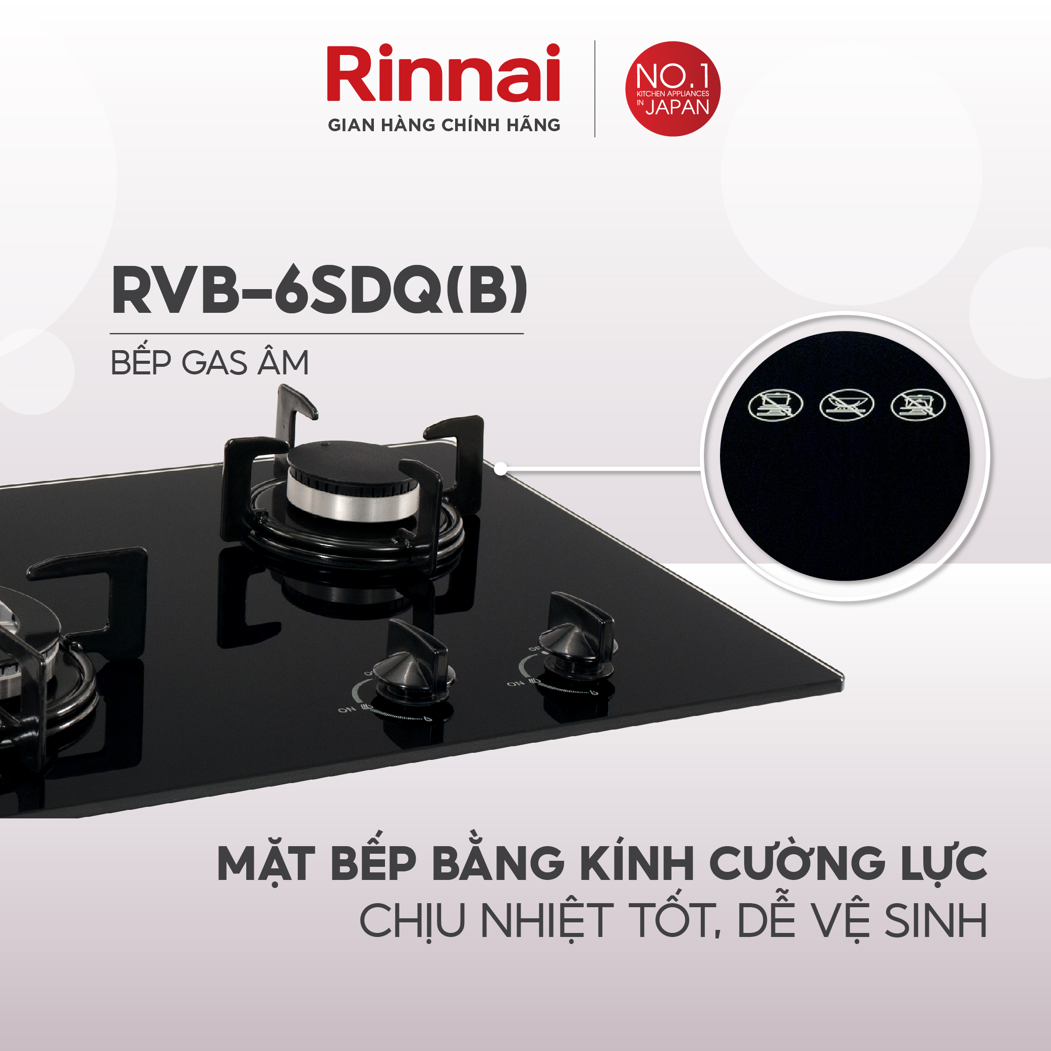 Bếp gas âm Rinnai RVB-6SDQ mặt bếp kính và kiềng bếp men - Hàng chính hãng.