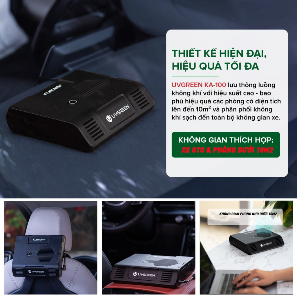 Máy Lọc Không Khí Diệt Khuẩn Ô Tô UVGREEN KA100 - Khử Mùi, Lọc Bụi, Lõi Than Hoạt Tính - Hàng chính hãng