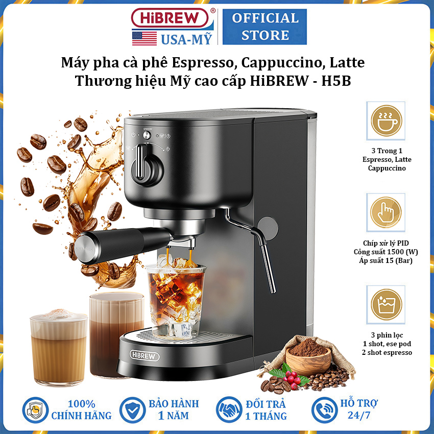Máy pha cà phê Espresso, Cappuccino, Latte thương hiệu HiBREW H5B - Công suất 1500W, áp suất 15bar - Hàng chính hãng