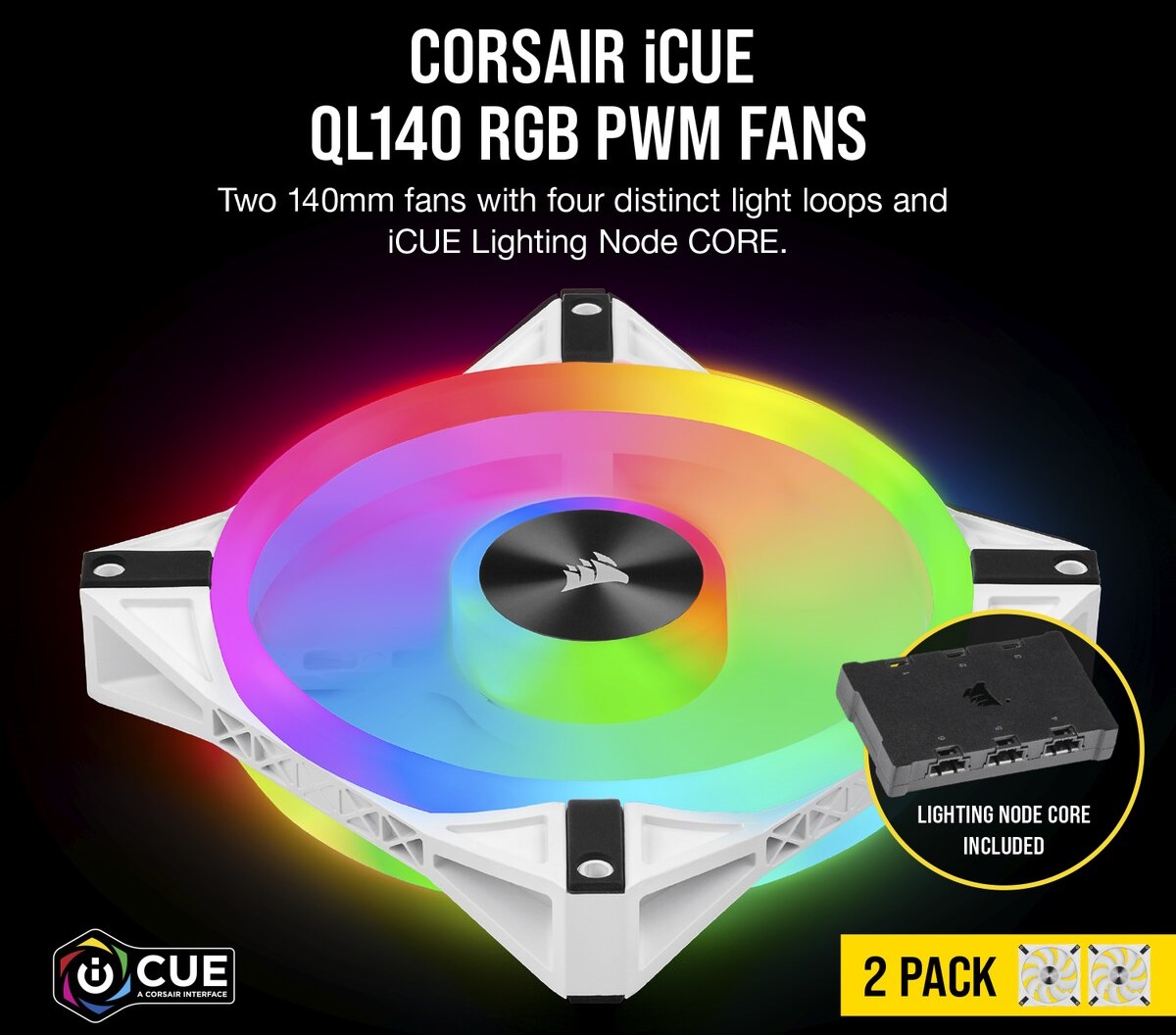 Bộ 2 quạt máy tính 140mm Corsair  QL140 WHITE RGB LED kèm Node Core - Hàng Chính Hãng