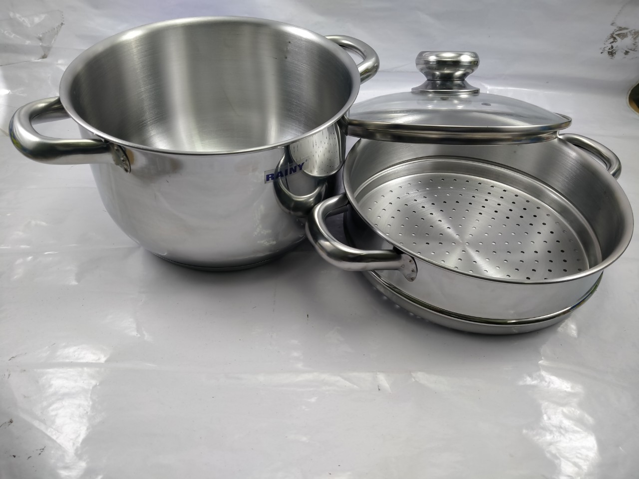 Bộ nồi xửng inox 3 đáy nắp kính 24cm Rainy - Hàng Chính Hãng