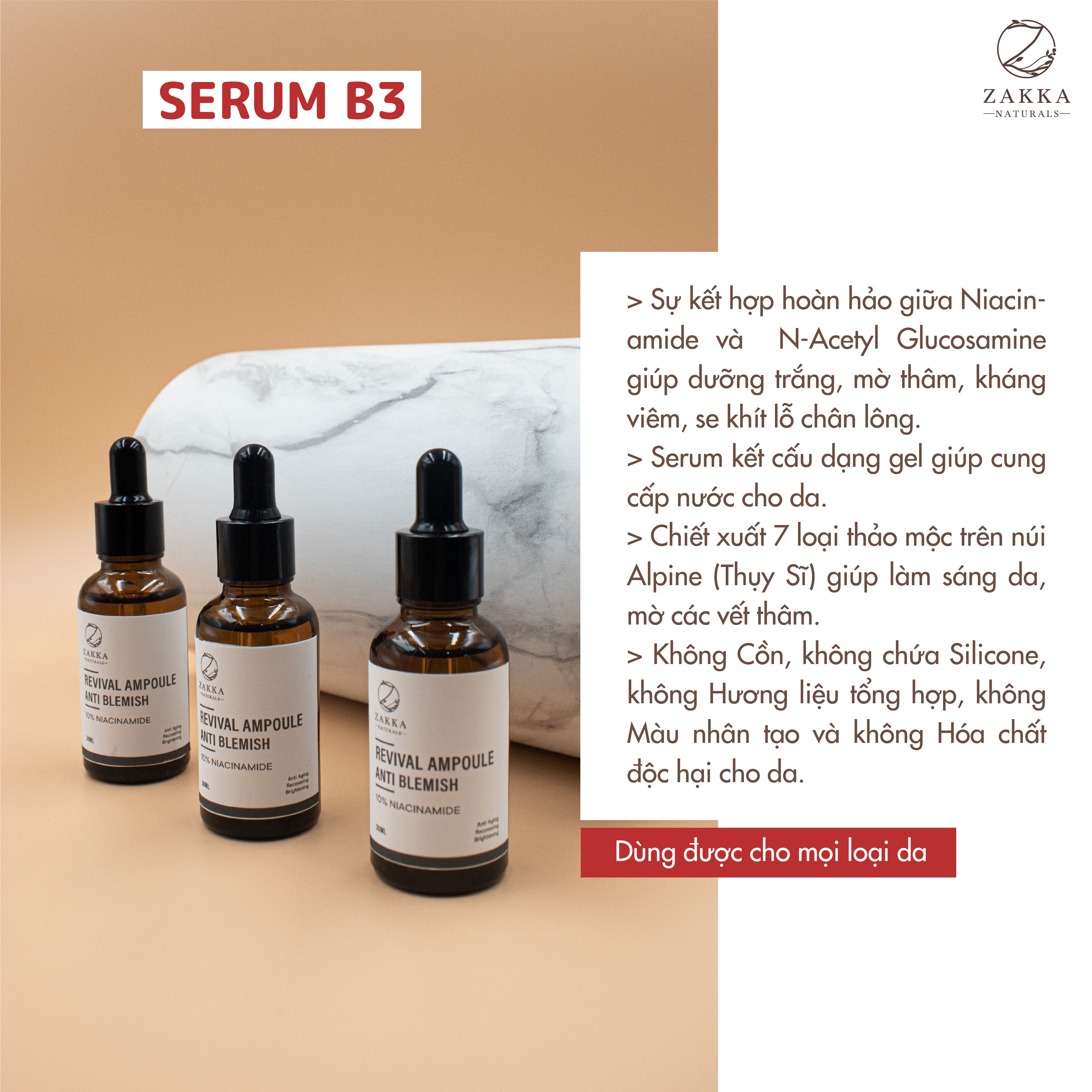 Serum Niacinamide Trắng Da, Giảm Thâm Mụn, Giảm Mụn, Cấp Nước, Giữ Ẩm, Chống Lão Hóa Phục Hồi Da Revival Ampoule Anti Blemish With 10% Niacinamide 30ml - Zakka Naturals