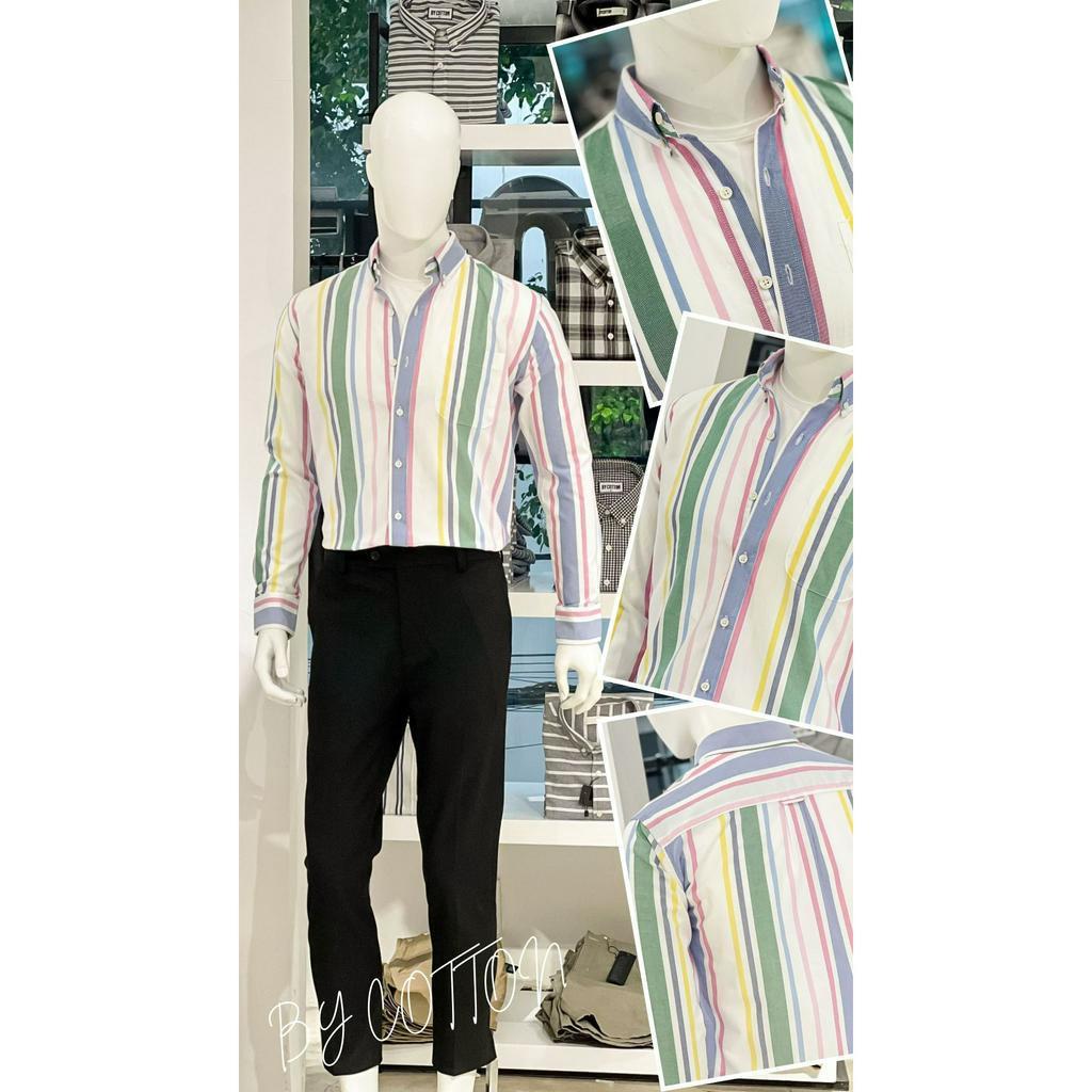 Áo Sơ Mi Nam Dài Tay Trắng Phối Sọc Cầu Vồng BY COTTON Oxford Rainbow Shirt