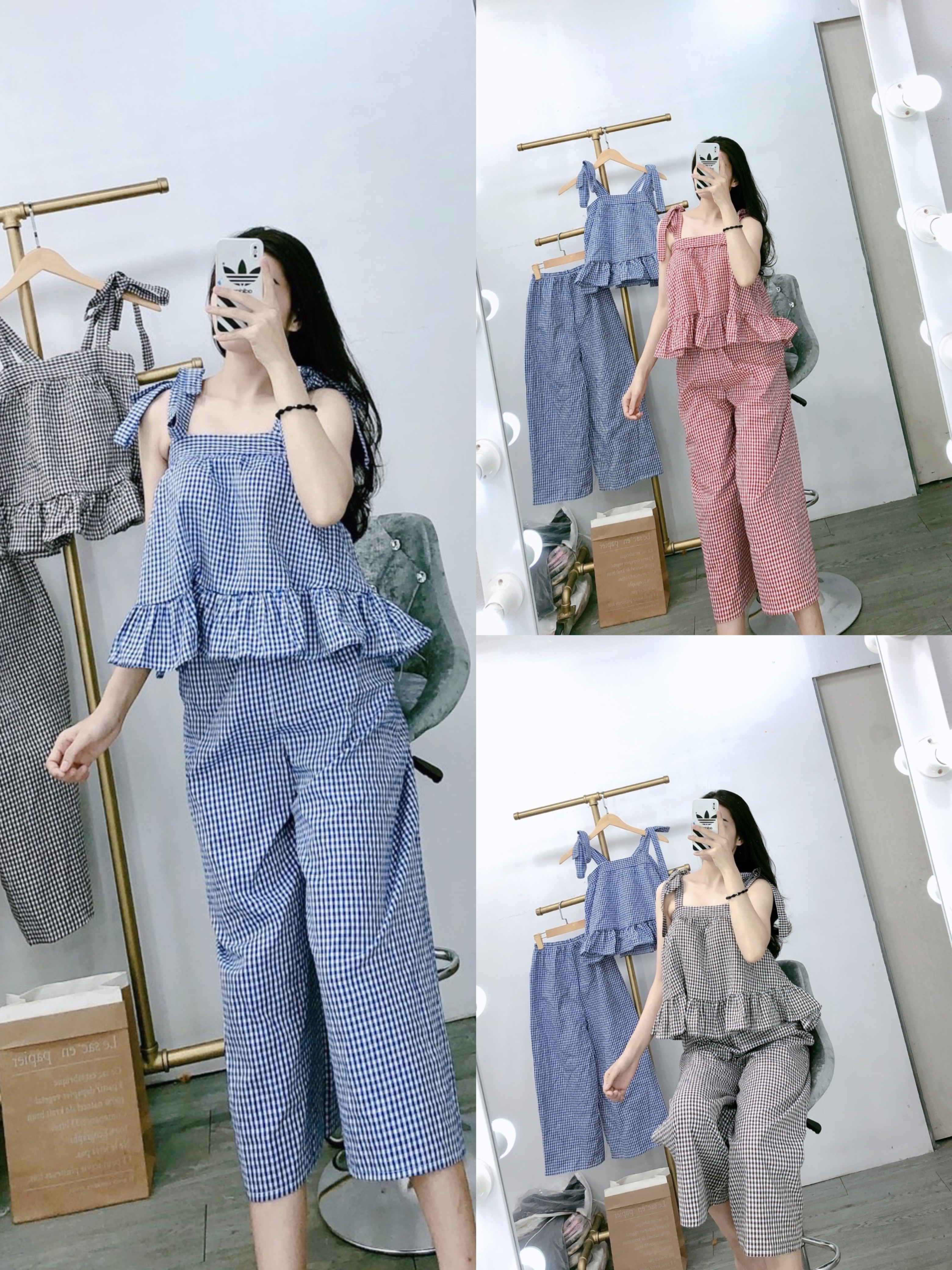 Đồ Bộ Nữ Kẻ Sọc Caro Thắt 2 Nơ Vai Xinh Xắn Thời Trang
