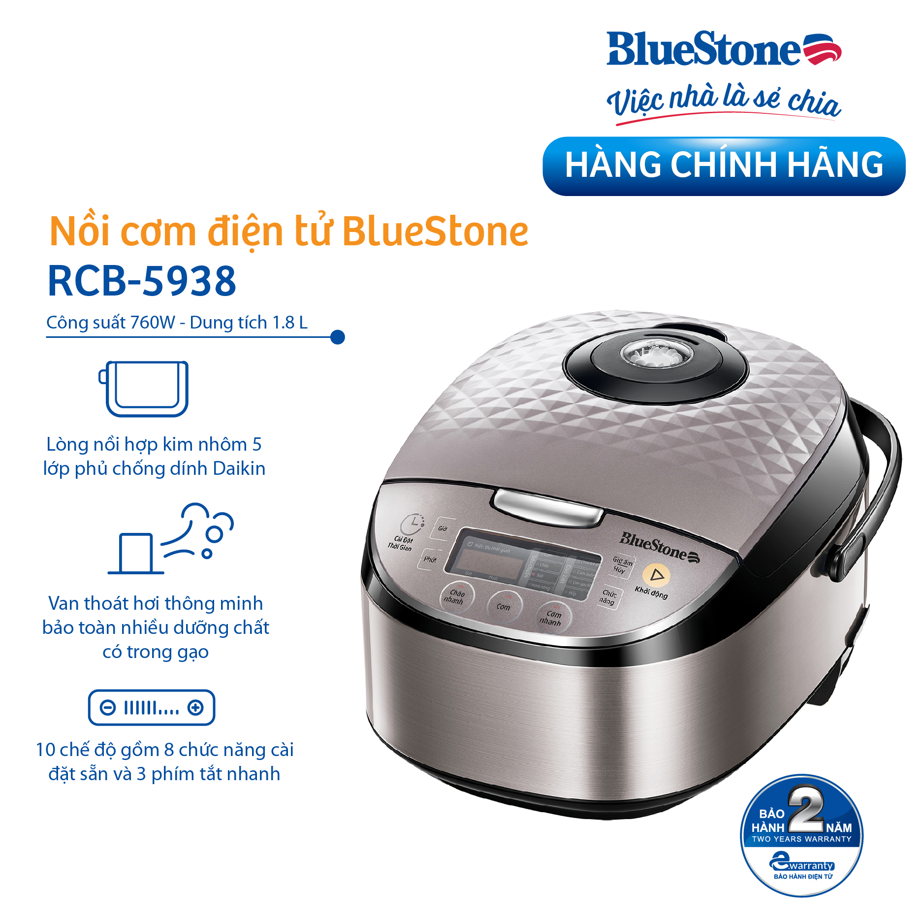 Nồi Cơm Điện Tử BlueStone RCB-5938 (1,8 Lít) - Hàng chính hãng