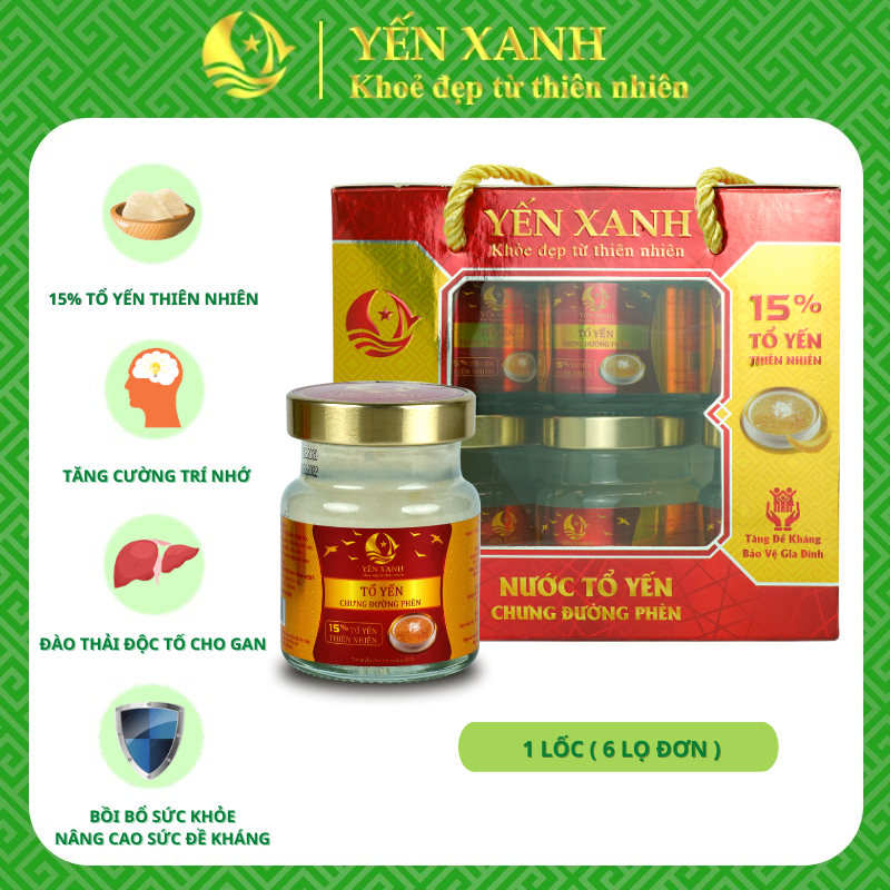 Nước tổ yến sào chưng đường phèn - YẾN XANH - Lốc 6 lọ x 70ml có quai xách
