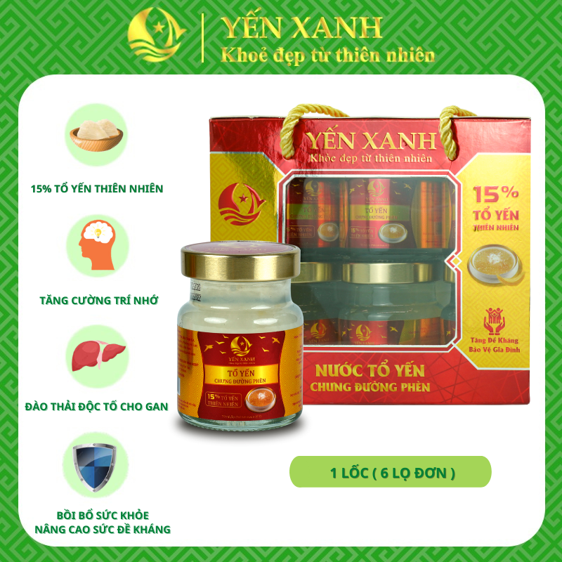 Nước tổ yến sào chưng đường phèn - YẾN XANH (15% tổ yến) - Lốc 6 lọ x 70ml có quai xách