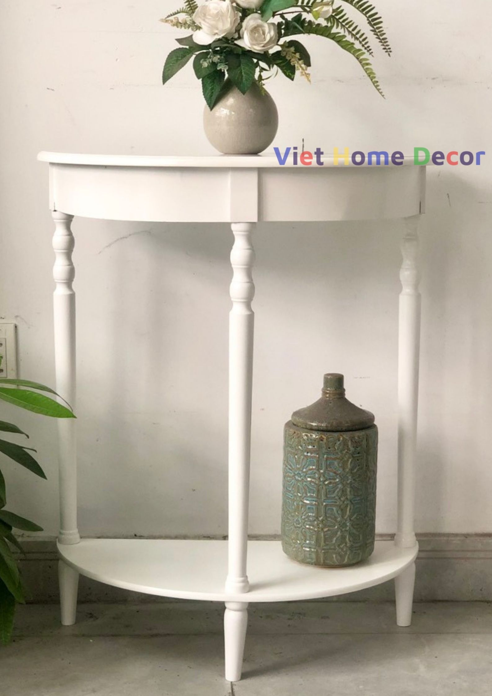 Bàn console bán nguyệt chân tiện màu trắng 4403 - Thương hiệu Viet Home Decor