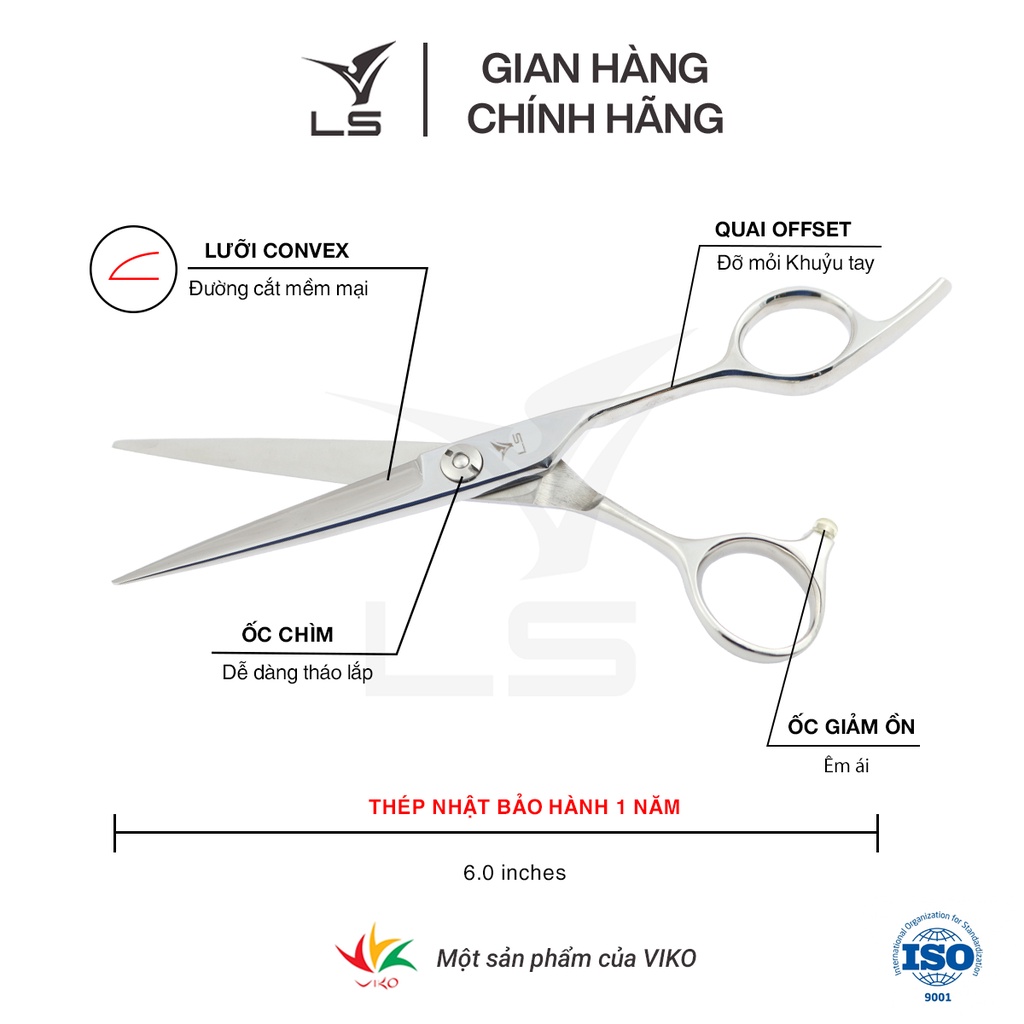 Kéo cắt tóc VLS lưỡi thẳng quai offset vênh đỡ ngón cố định JP603