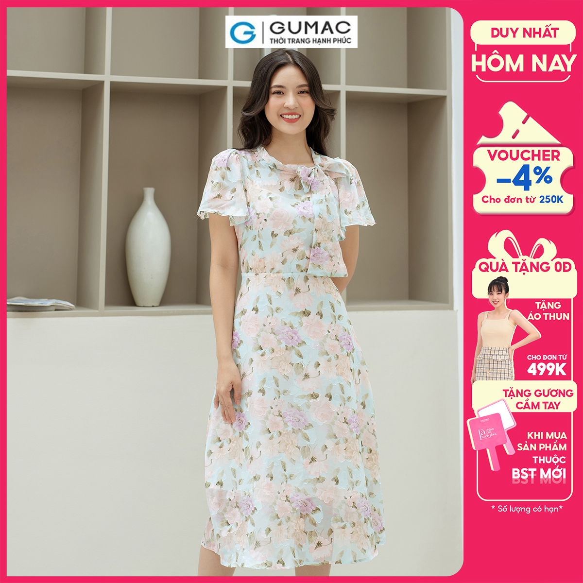 [BST MỚI THÁNG 9] Đầm hoa thắt nơ cổ GUMAC DD09049