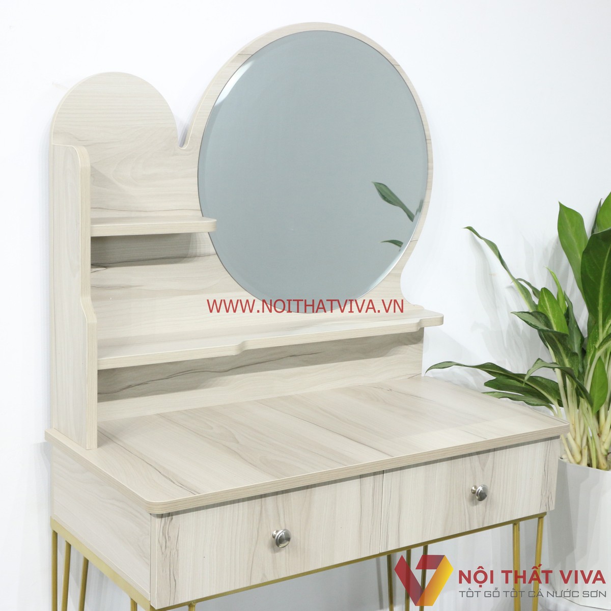 Bàn Trang Điểm Gỗ MDF Melamine Màu Sữa Chân Sắt 2 Ngăn Kéo Gương Tròn