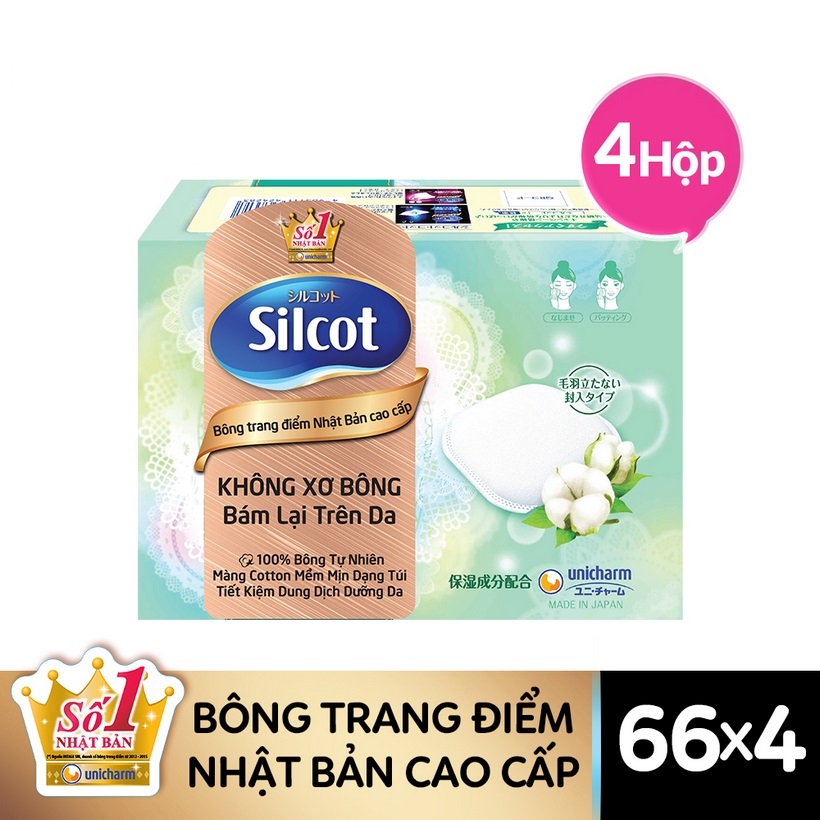 [Tặng Ví trang điểm nhiều màu] Combo 4 hộp bông tẩy trang cao cấp Silcot Premium (66 miếng/hộp)