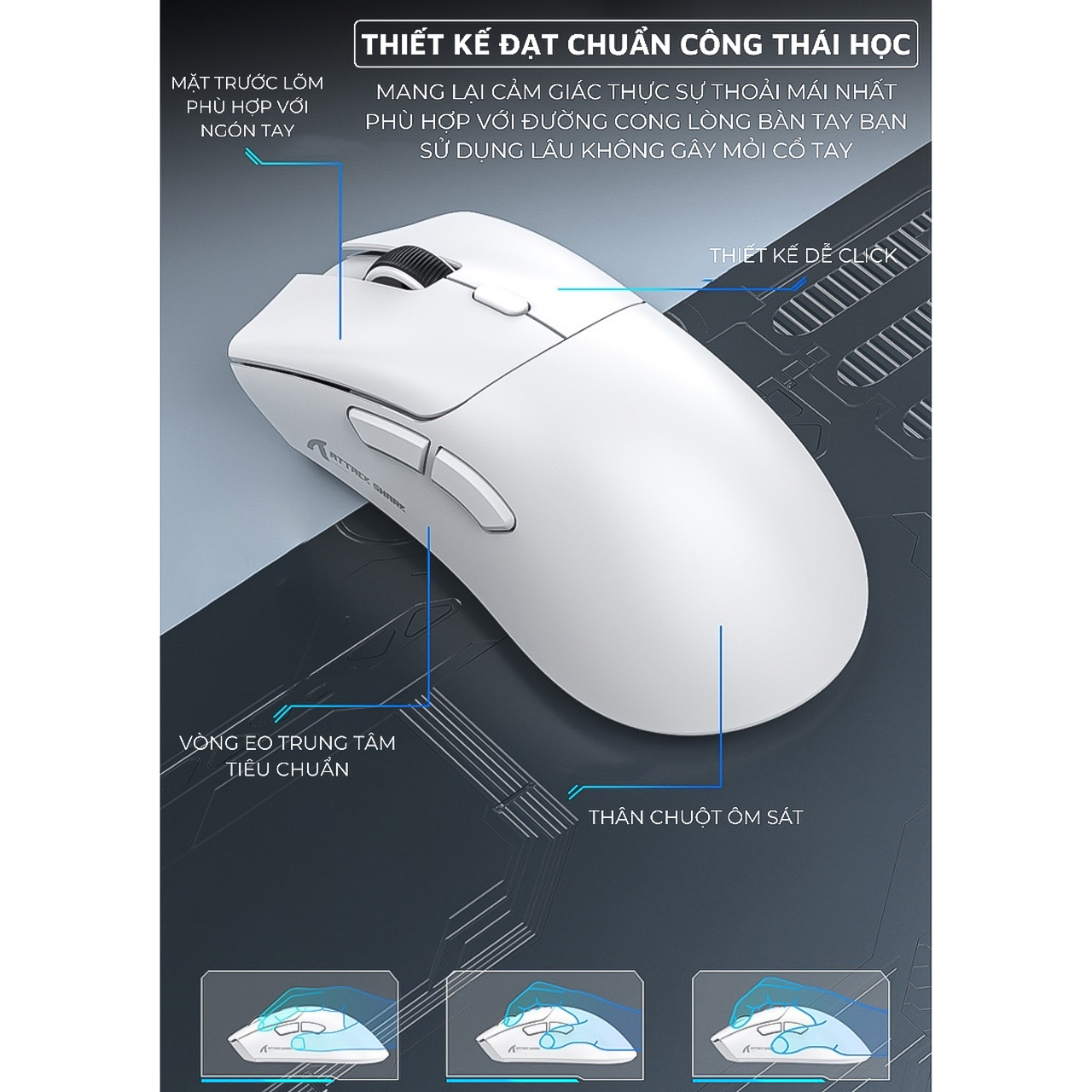 Chuột Không Dây Bluetooth Chip PAW3311 Vinetteam Attack Shark R1 18000DPI 3 Mode Có App Chỉnh Macro Pin Sạc - hàng chính hãng