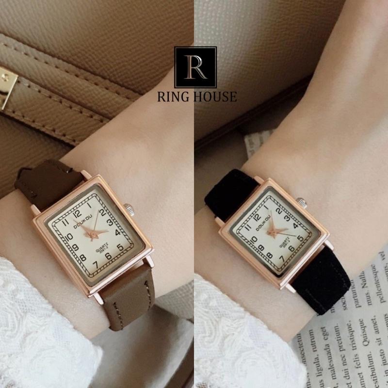 Đồng Hồ Nữ Doukou Ulzzang Mặt Vuông Nhỏ Dây Da Nhiều Màu Cao Cấp Đẹp Rẻ Ring House