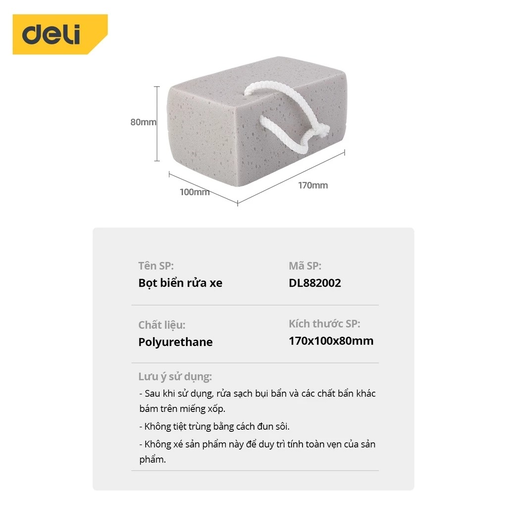 Miếng Bọt Biển Cọ Rửa Đa Năng Deli Cỡ Lớn, Lau Rửa Ô Tô, Xe Máy, Đồ Dùng Gia Đình, Chất Liệu Mềm Mại, An Toàn - DL882002