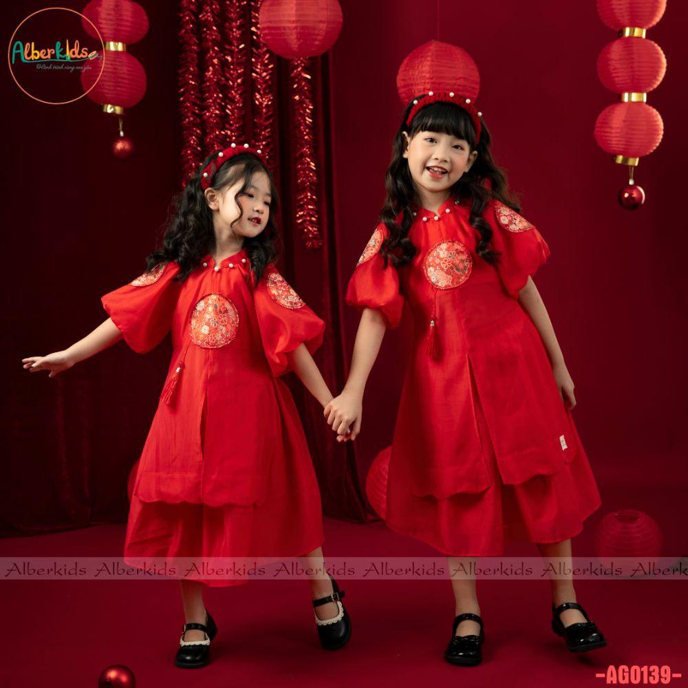 Áo dài bé gái ALBERKIDS ĐỎ, VÀNG nhật nguyệt 2 lớp cho trẻ em 2,3,4,5,6,7,8,9,10,11,12 tuổi