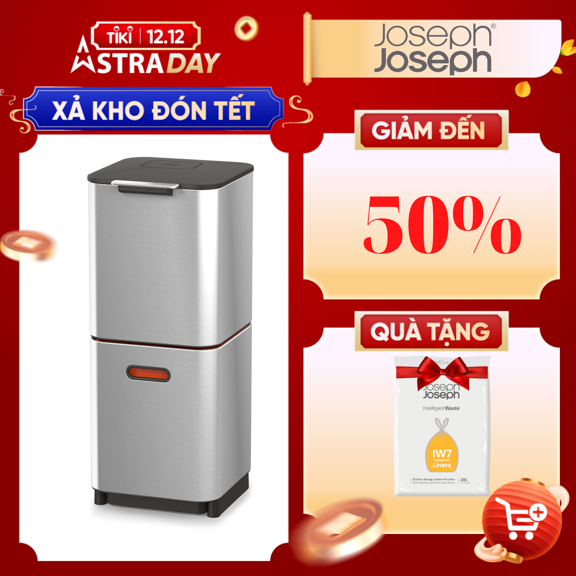 Joseph Joseph - Thùng rác 2 ngăn cao cấp Totem Compact 40L Waste &amp; Recycling Bin 001044