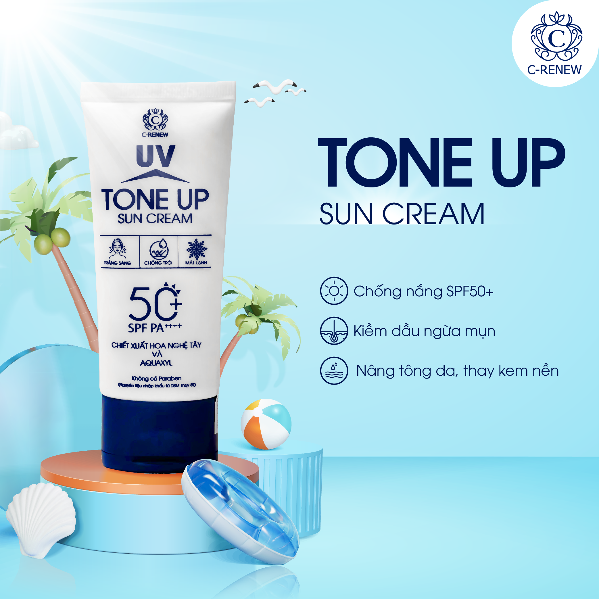 Kem Chống Nắng C-RENEW Chiết Xuât Hoa Nghệ Tây, Nâng Tông, Kiềm Dầu, Chống UV Tone Up Sun Cream - Tuýp 50g