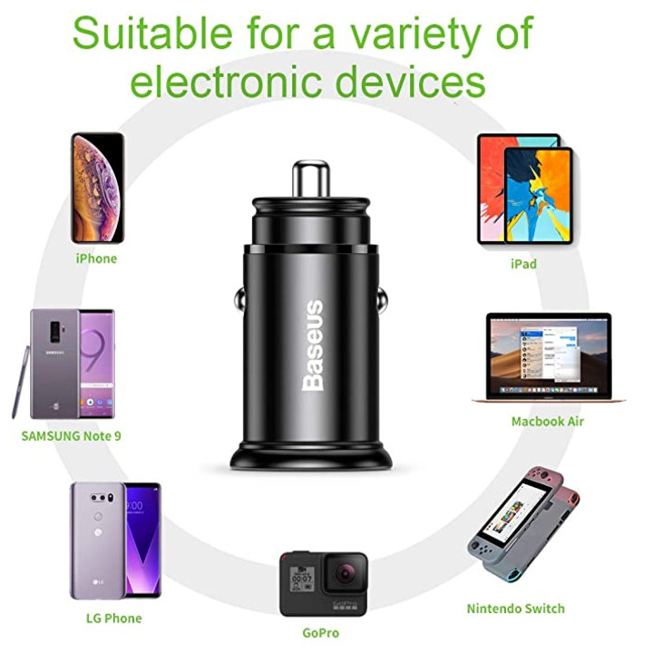 Tẩu sạc nhanh CCALL-AS01 đa năng 2 cổng USB và Type C dùng cho ô tô, xe hơi nhãn hiệu Baseus Circular Plastic A+C, công suất 30W - Hàng Nhập Khẩu