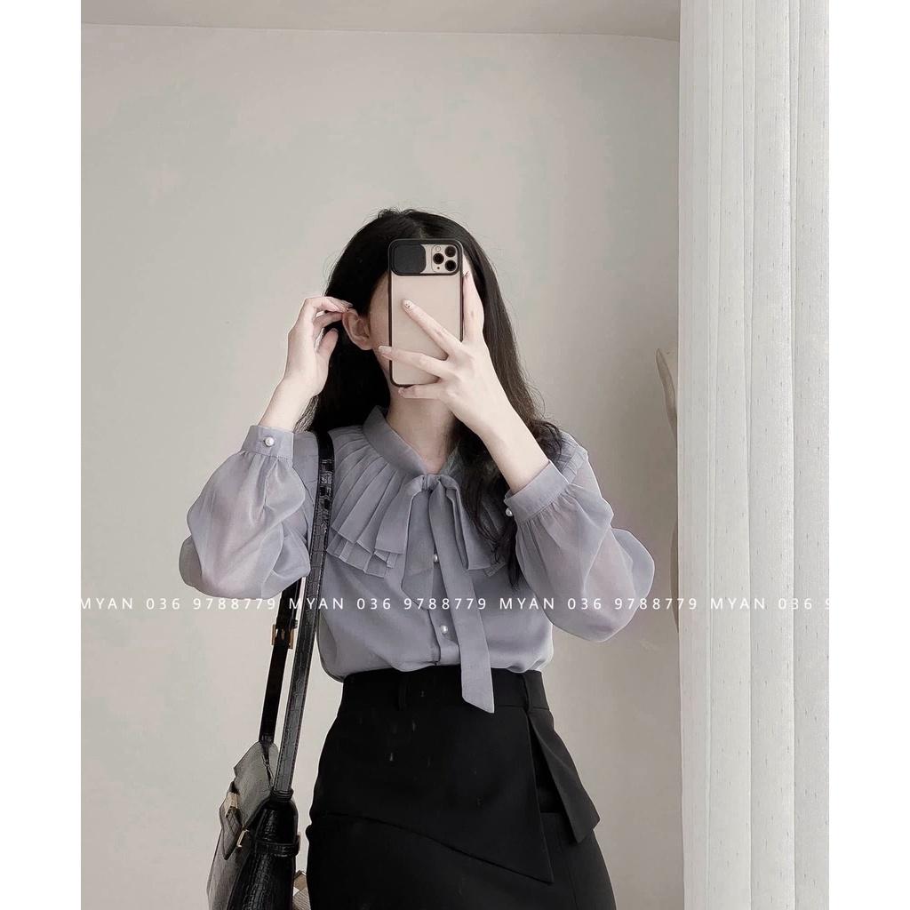 ÁO SƠ MI DẬP LI CỔ THẮT NƠ HAI LỚP CÚC NGỌC