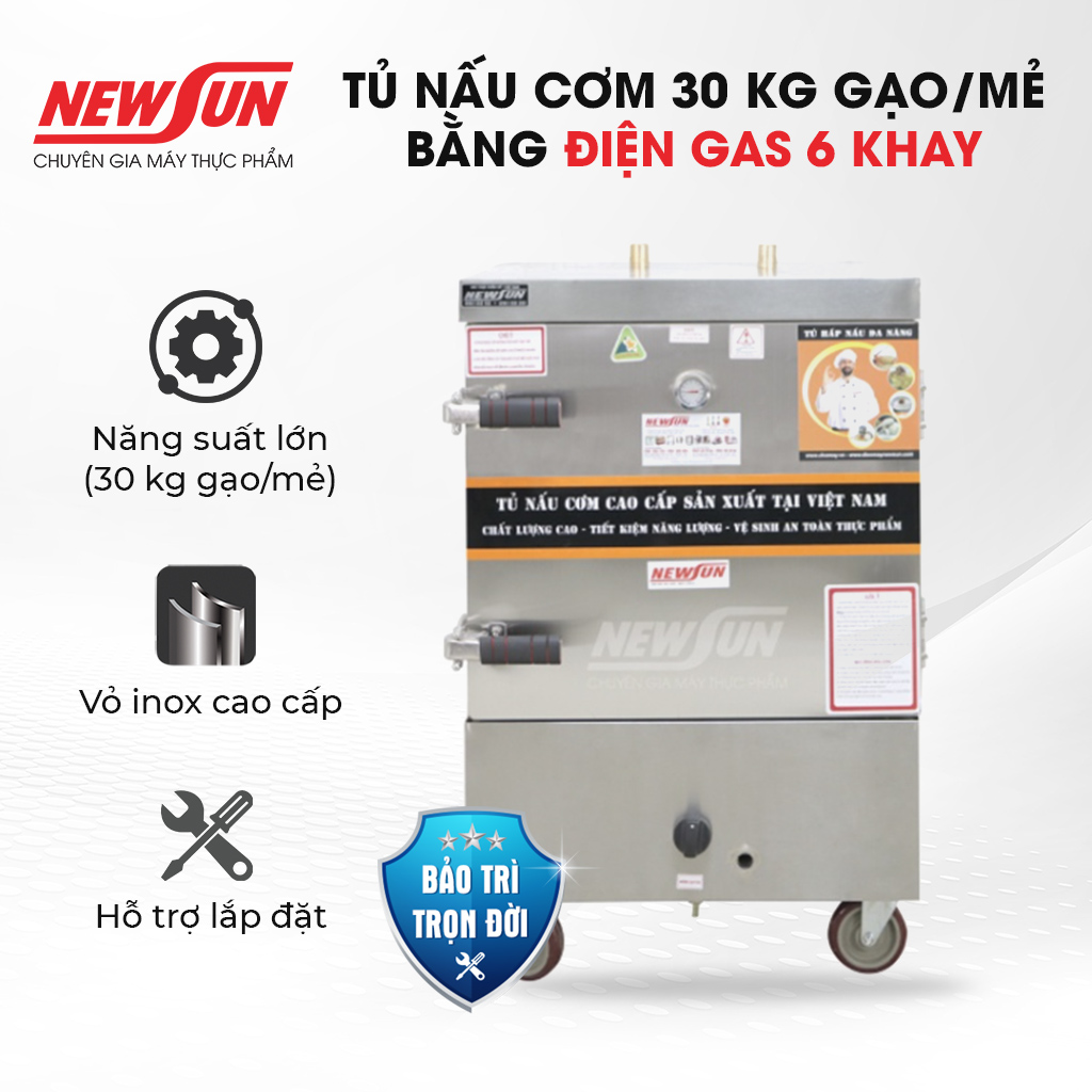 Tủ Nấu Cơm 30 Kg Gạo/ Mẻ 6 Khay Bằng Điện Gas Inox 304 NEWSUN - Hàng Chính Hãng