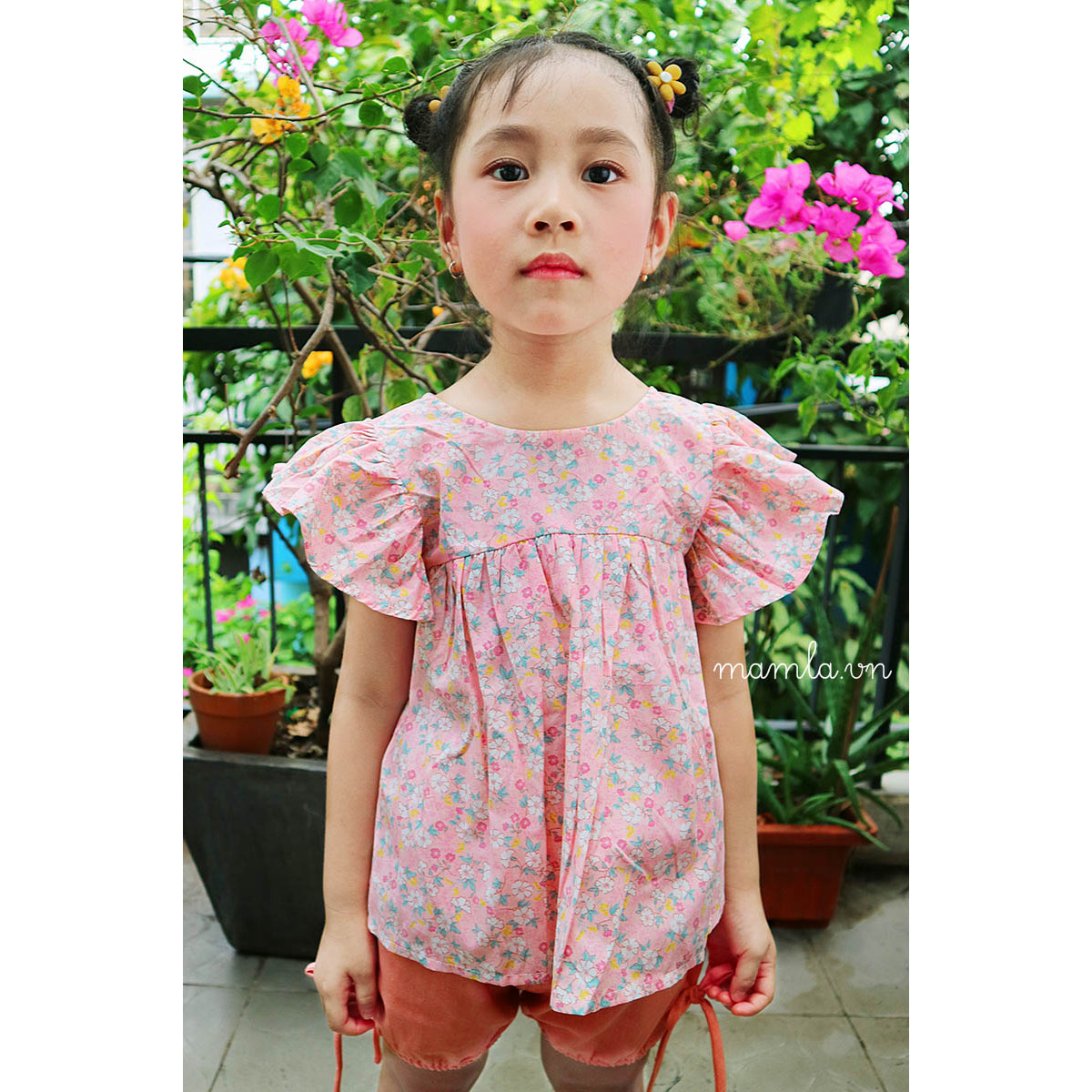Bộ cộc tay hoa nhí vải thô kết hợp linen cho Bé gái