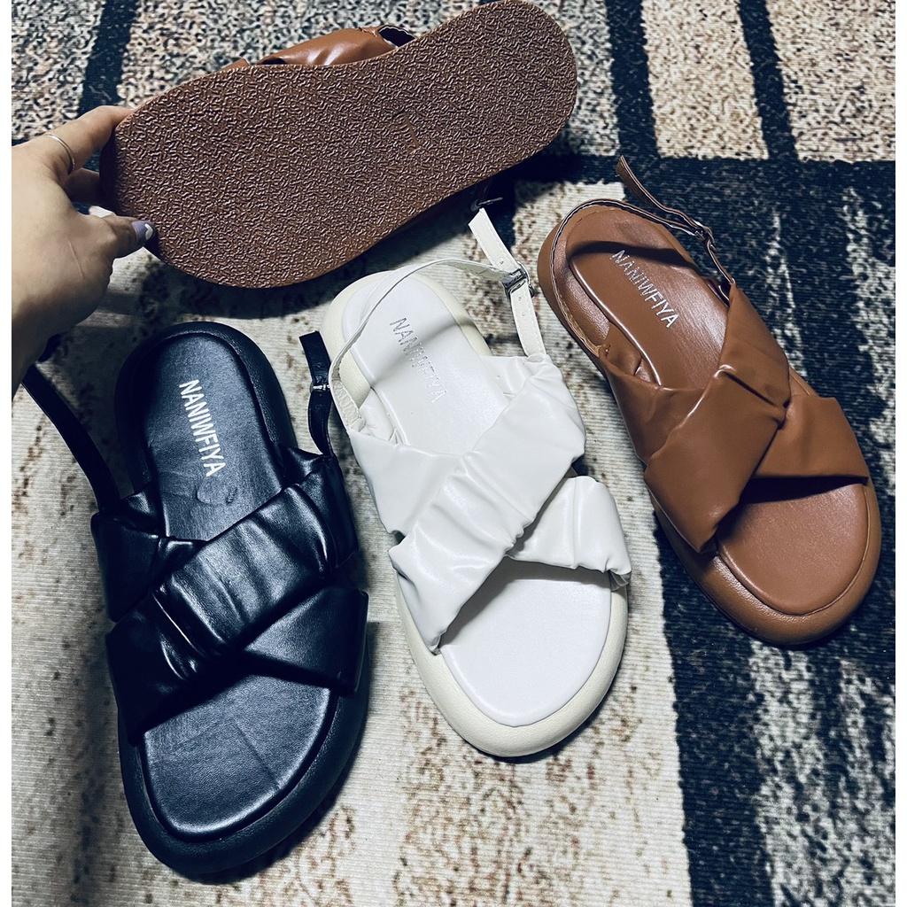 Sandal da mịn quai chéo nhún 3 màu đế bệt cực êm