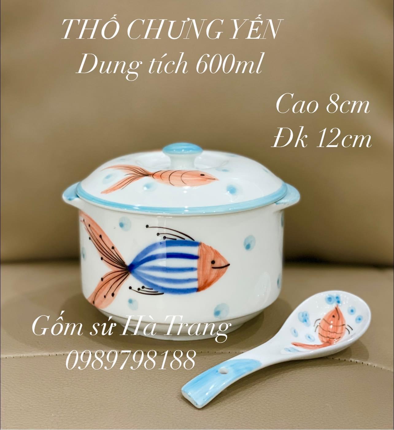 Thố chưng yến dung tích 600ml gốm sứ Bát Tràng cao cấp vẽ hoạ tiết cá kèm thìa