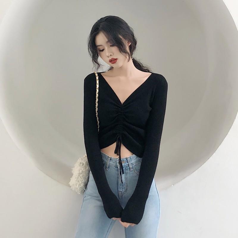 Áo Len Tay Dài Cổ Chữ V Dây Rút