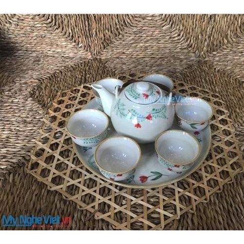 Bộ bình trà bưởi Khay tròn Hoa cỏ GHM30 - Quà Tặng Tân Gia, Khai Trương