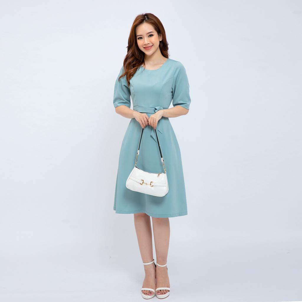 Đầm công sở trung niên AMYRA váy chữ A tay lửng eo đinh hoa xanh mint basic DA155