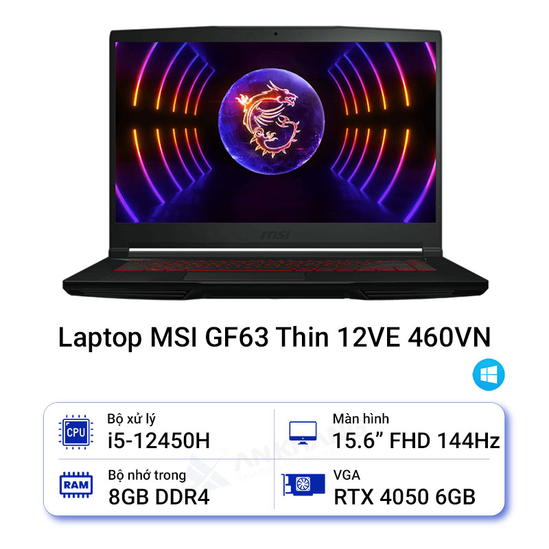 LAPTOP MSI GAMING GF63 THIN 12VE-460VN (GEFORCE RTX 4050 6GB /I5-12450H/8GB RAM/512GB SSD/15.6 INCH FHD 144HZ/WIN11/ĐEN) - HÀNG CHÍNH HÃNG
