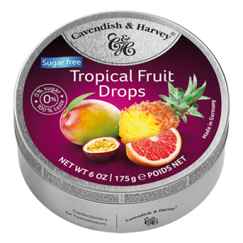 Kẹo Trái Cây Nhiệt Đới Không Đường Cavendish &amp; Harvey (175g)  Sugar Free Tropical Fruit Cao Cấp Hộp Thiếc Bạc Nhập Khẩu