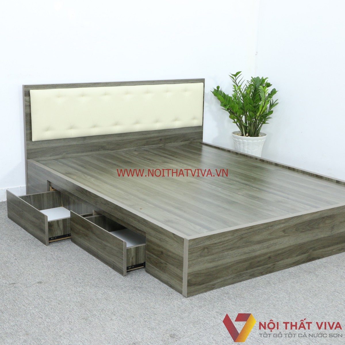 Giường Ngủ Gỗ MDF Phủ Melamine Màu Xanh Rêu Hộc Kéo Đầu Nệm Kem Cao Cấp