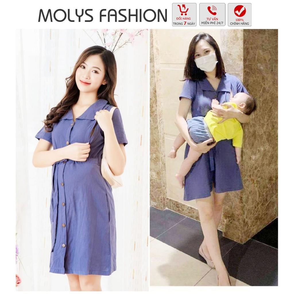 Đầm bầu kết hợp cho con bú MOLYS 252 vải line thấm hút mồ hôi vintage đai thắt linh hoạt