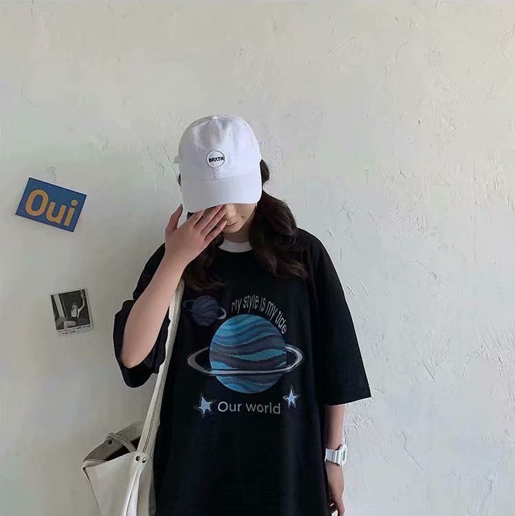 Áo Thun Ngắn Tay Dáng Rộng In Hình Hành Tinh 2 Màu