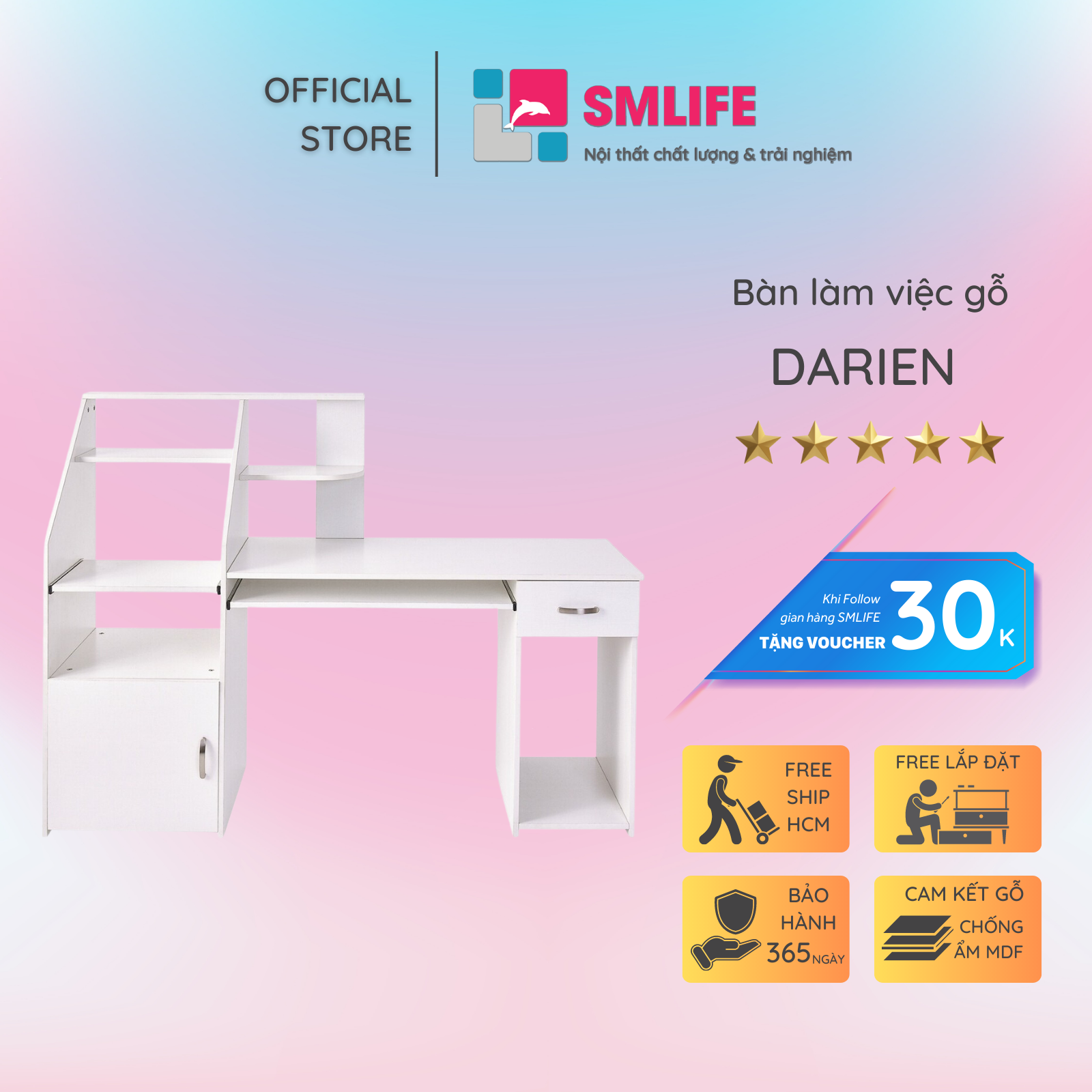 Bàn Học Bằng Gỗ Kích Thước Nhỏ Gọn SMLIFE Darien