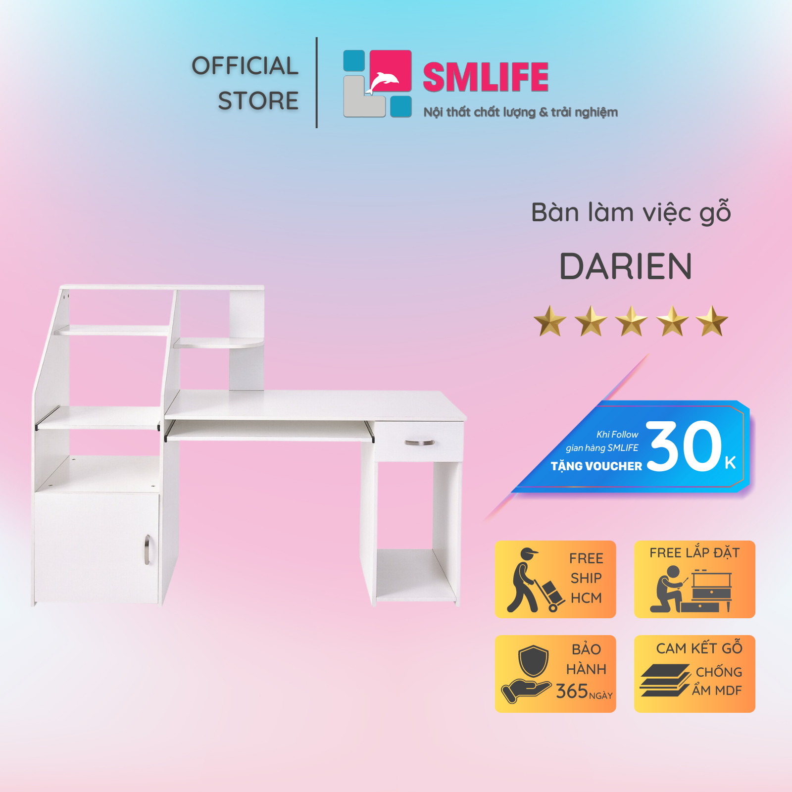 Bàn làm việc, bàn vi tính gỗ hiện đại SMLIFE Darien  | Gỗ MDF dày 17mm chống ẩm | D160xR45xC120cm