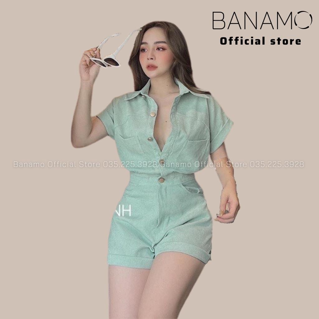 Bộ Jumpsuit cổ sơ mi liền quần gập gấu chất nhung tăm thời trang Banamo Fashion set Jumpsuit 151